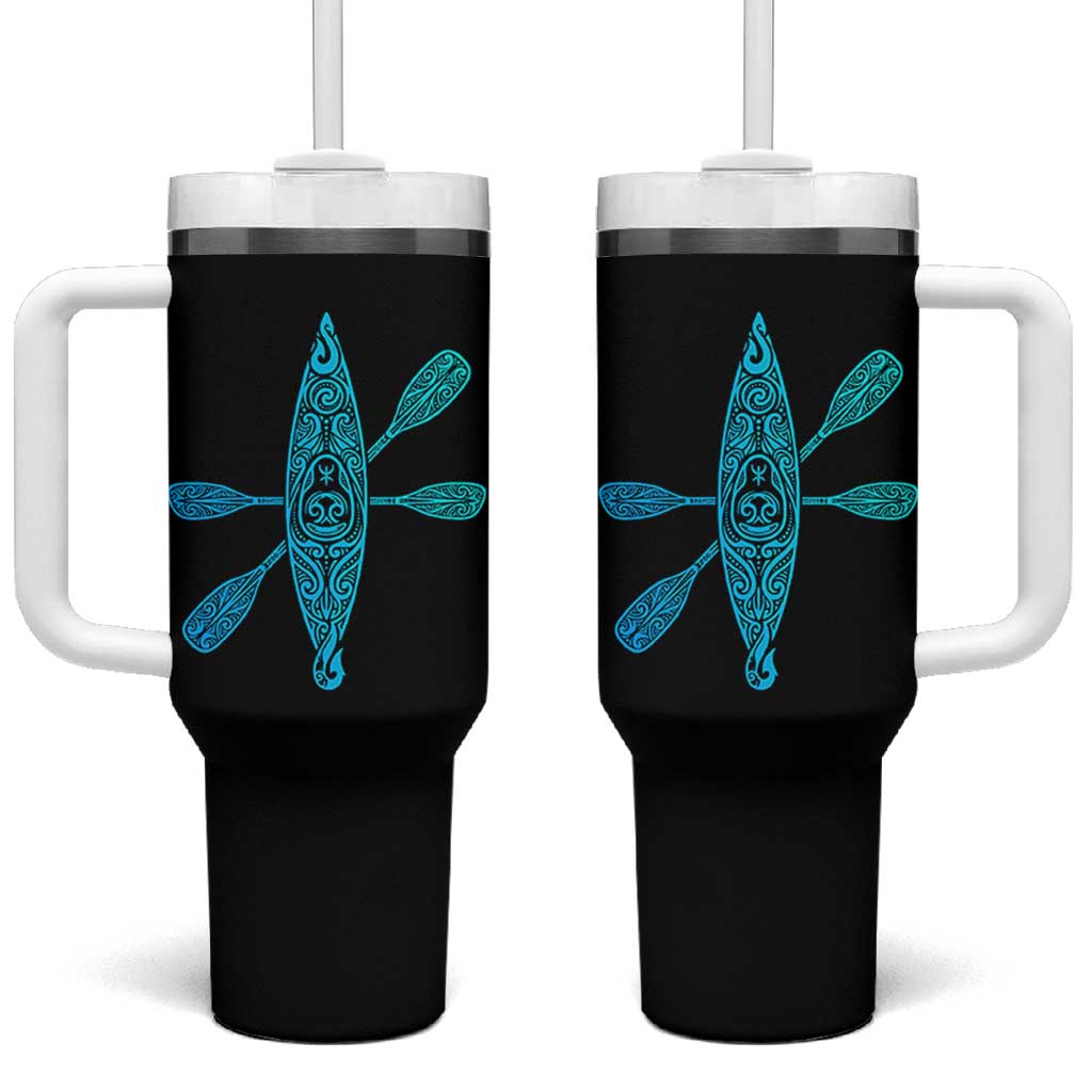 Polynesian Tribal Kayak Graphic Tumbler With Handle Maori Pattern Water Sports Cyan Gradient Paddling