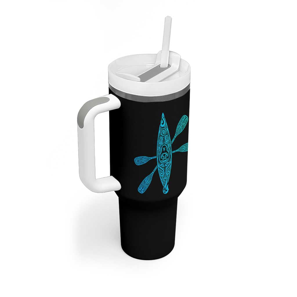 Polynesian Tribal Kayak Graphic Tumbler With Handle Maori Pattern Water Sports Cyan Gradient Paddling