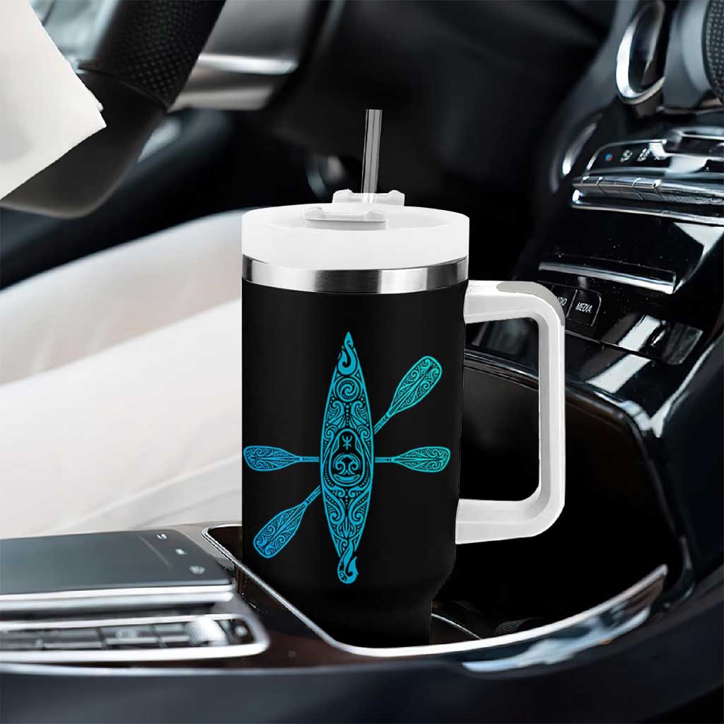 Polynesian Tribal Kayak Graphic Tumbler With Handle Maori Pattern Water Sports Cyan Gradient Paddling