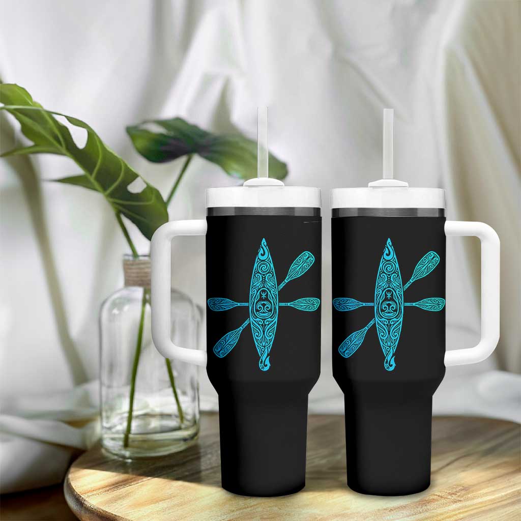 Polynesian Tribal Kayak Graphic Tumbler With Handle Maori Pattern Water Sports Cyan Gradient Paddling