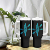 Polynesian Tribal Kayak Graphic Tumbler With Handle Maori Pattern Water Sports Cyan Gradient Paddling