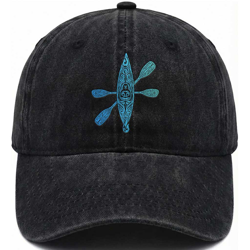 Polynesian Tribal Kayak Graphic Washed Cotton Baseball Cap Maori Pattern Water Sports Cyan Gradient Paddling
