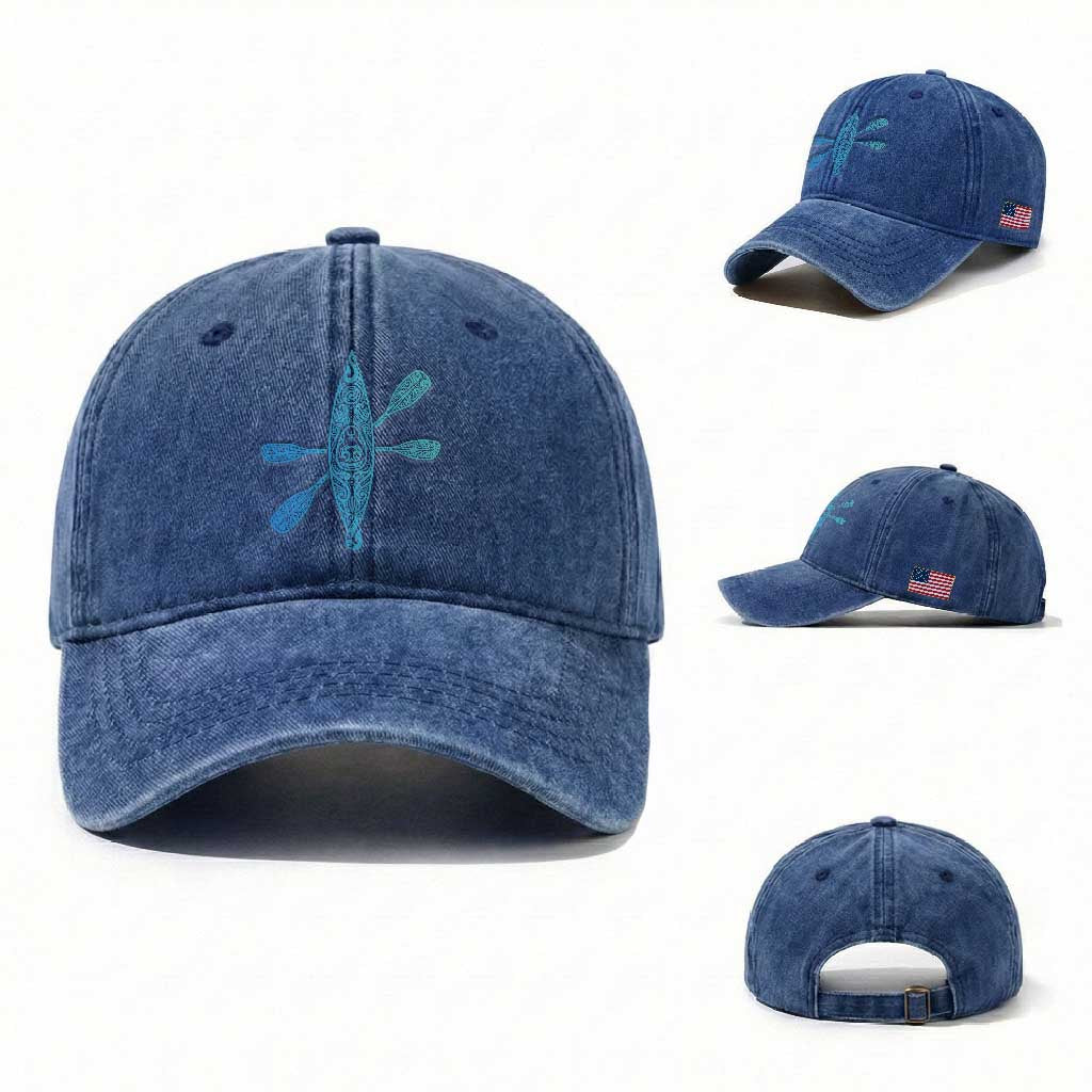Polynesian Tribal Kayak Graphic Washed Cotton Baseball Cap Maori Pattern Water Sports Cyan Gradient Paddling