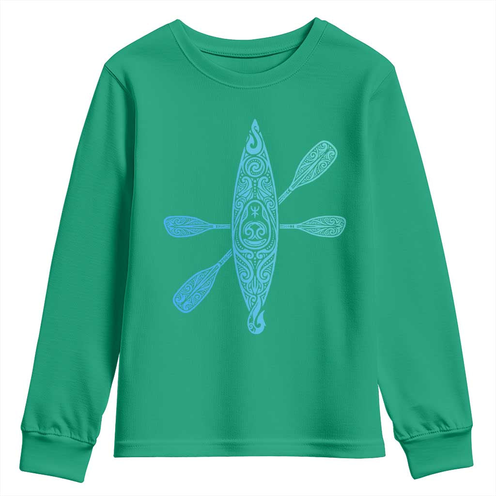 Polynesian Tribal Kayak Graphic Youth Sweatshirt Maori Pattern Water Sports Cyan Gradient Paddling