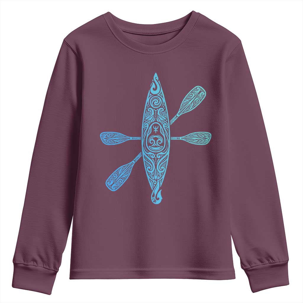 Polynesian Tribal Kayak Graphic Youth Sweatshirt Maori Pattern Water Sports Cyan Gradient Paddling