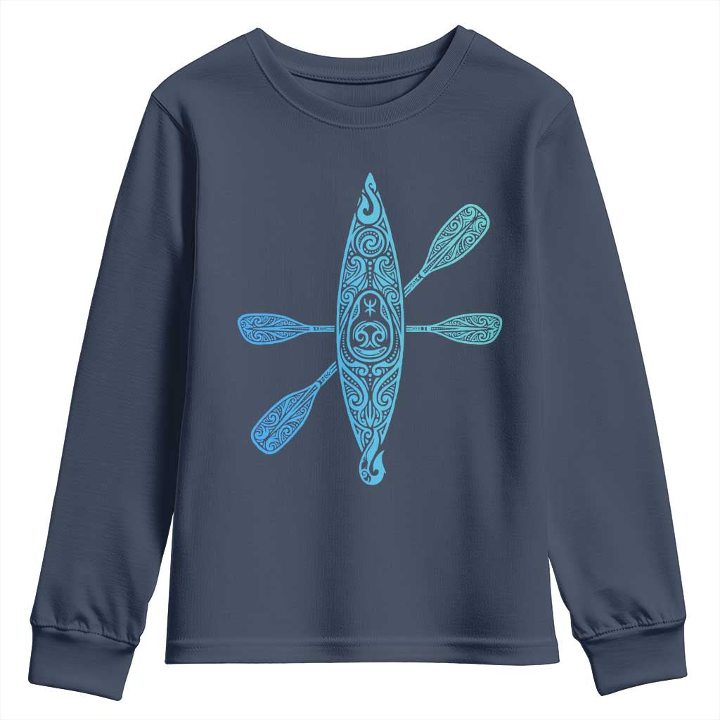 Polynesian Tribal Kayak Graphic Youth Sweatshirt Maori Pattern Water Sports Cyan Gradient Paddling