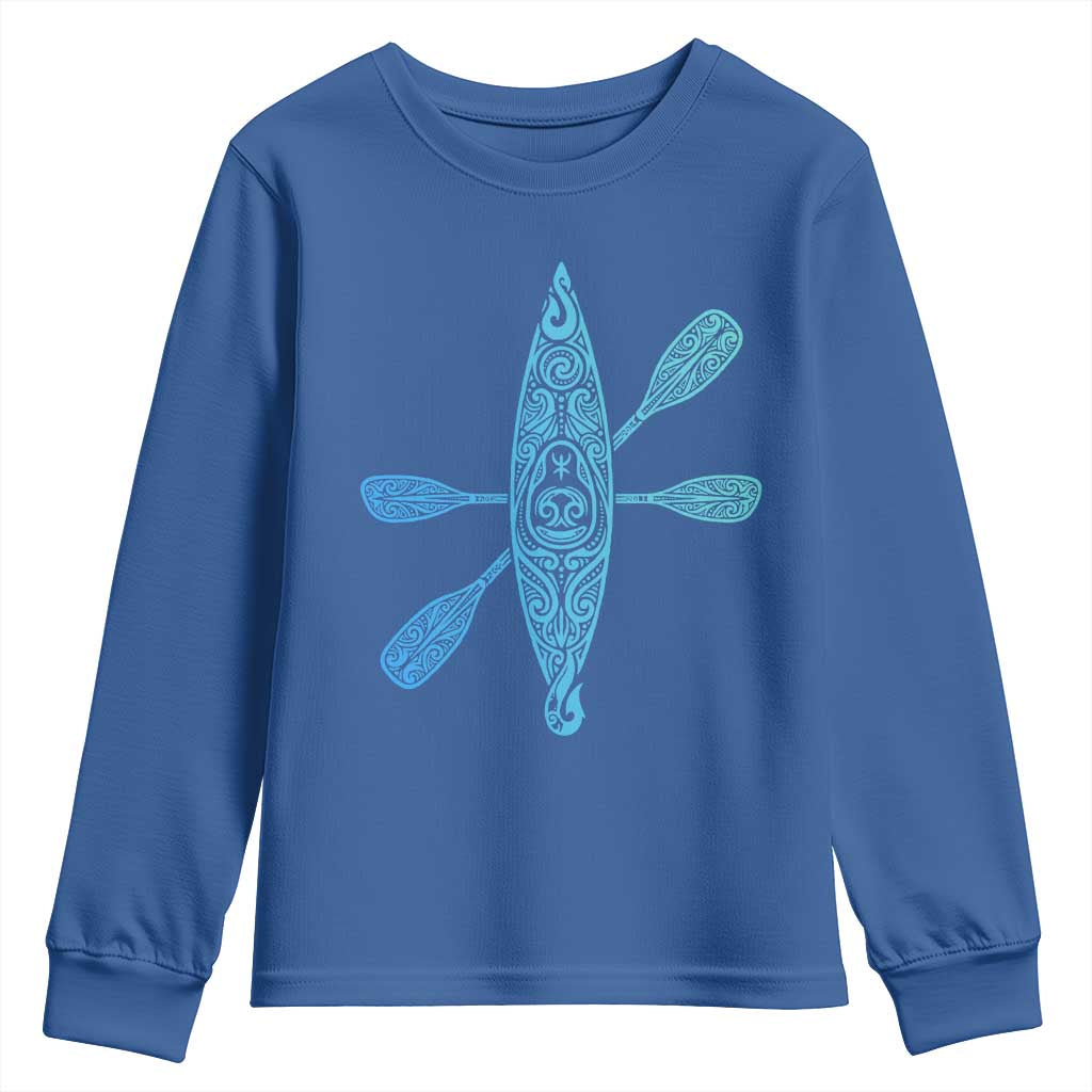 Polynesian Tribal Kayak Graphic Youth Sweatshirt Maori Pattern Water Sports Cyan Gradient Paddling