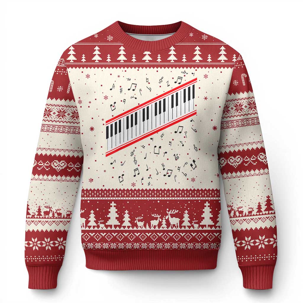 Piano Keyboard Graphic Ugly Christmas Sweater Musical Notes Alignment Pianist