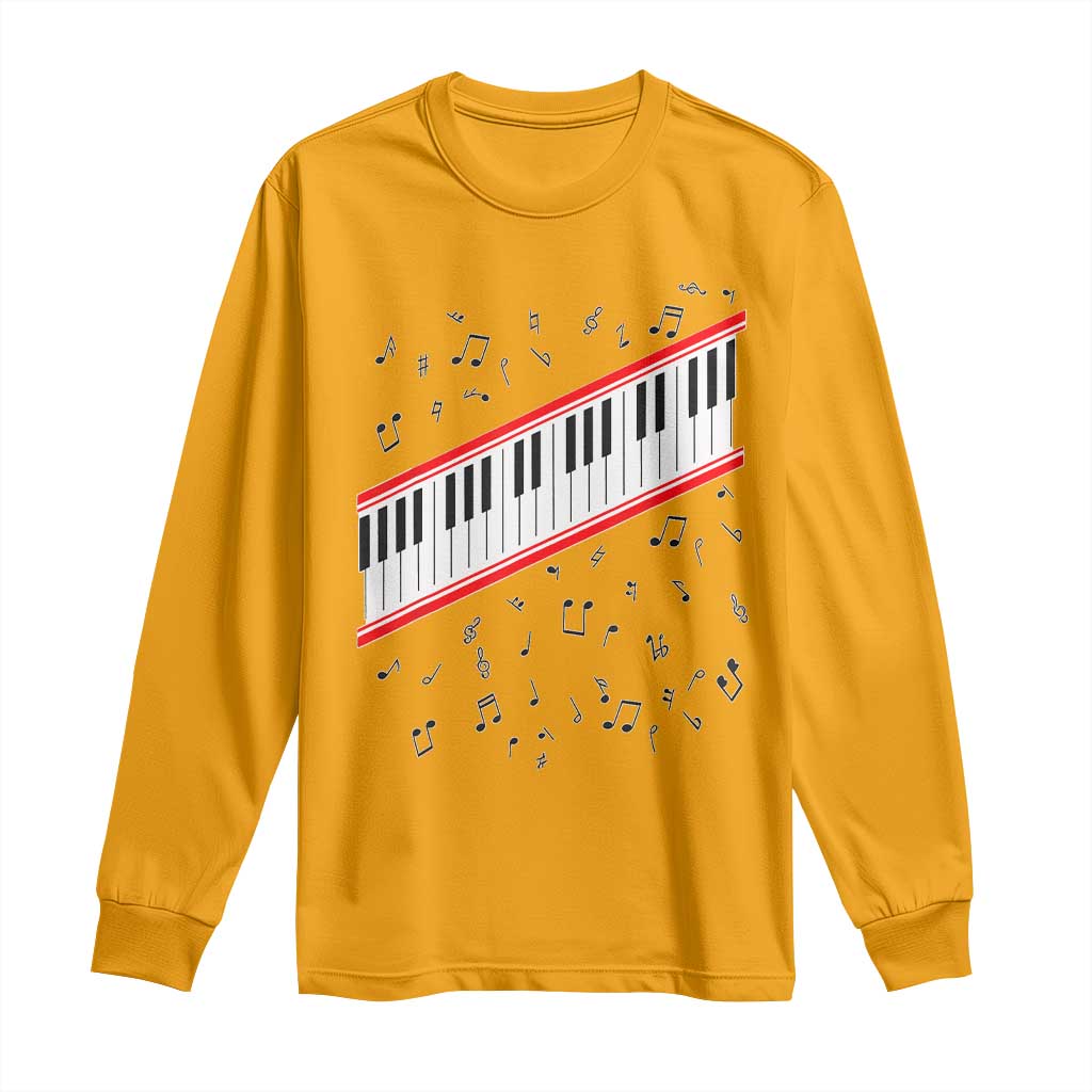 Piano Keyboard Graphic Long Sleeve Shirt Musical Notes Alignment Pianist