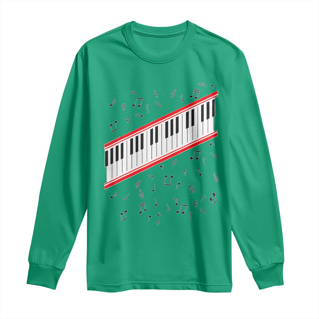 Piano Keyboard Graphic Long Sleeve Shirt Musical Notes Alignment Pianist