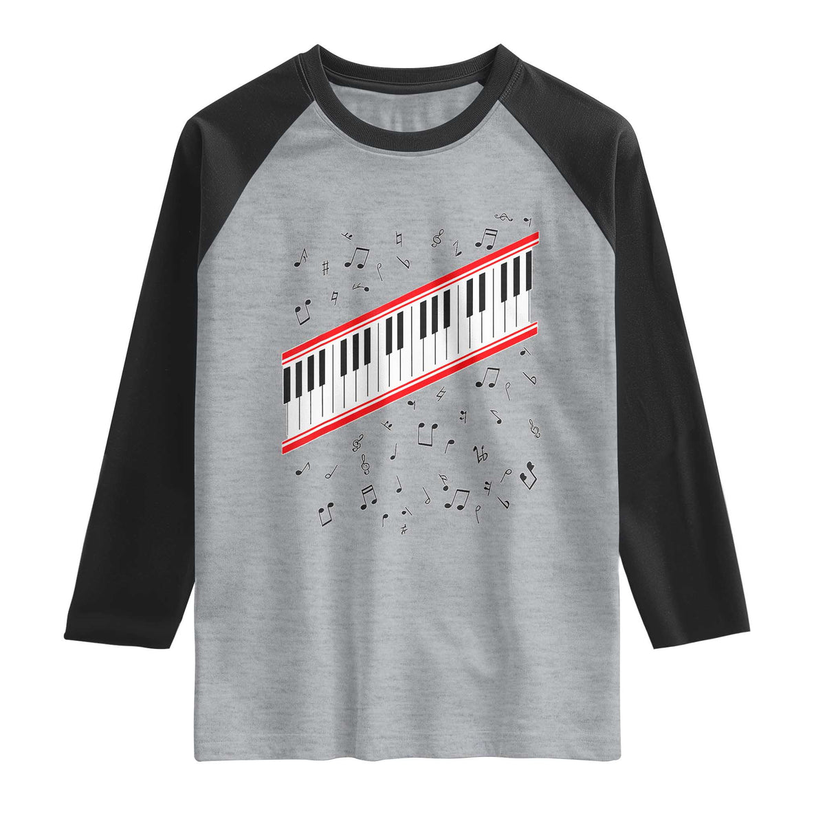 Piano Keyboard Graphic Raglan Shirt Musical Notes Alignment Pianist