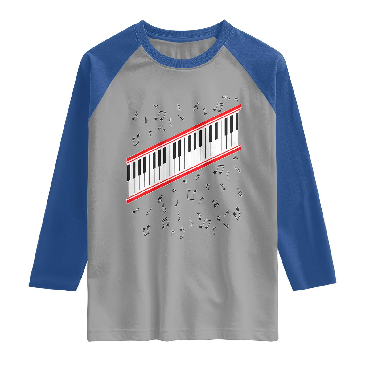 Piano Keyboard Graphic Raglan Shirt Musical Notes Alignment Pianist