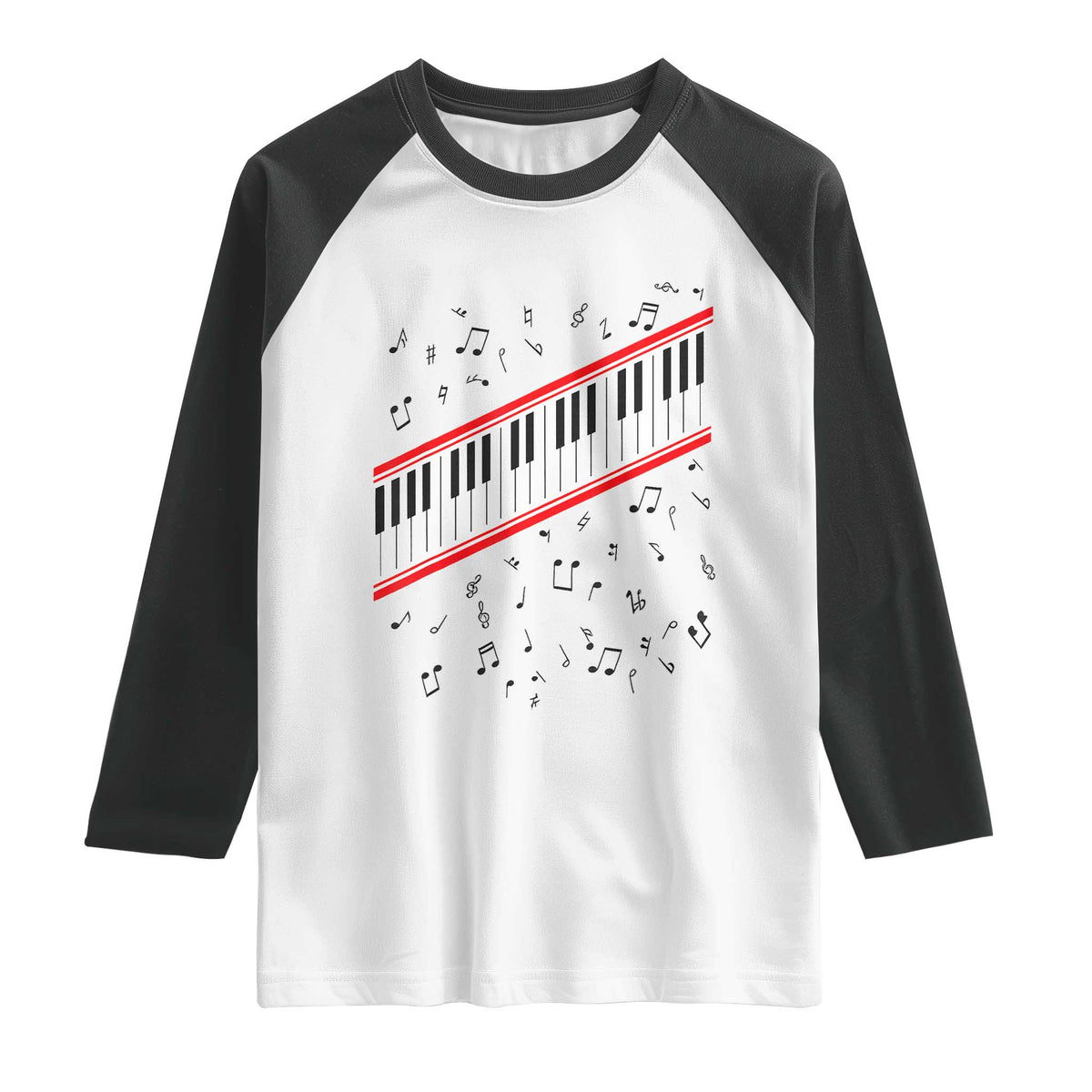 Piano Keyboard Graphic Raglan Shirt Musical Notes Alignment Pianist