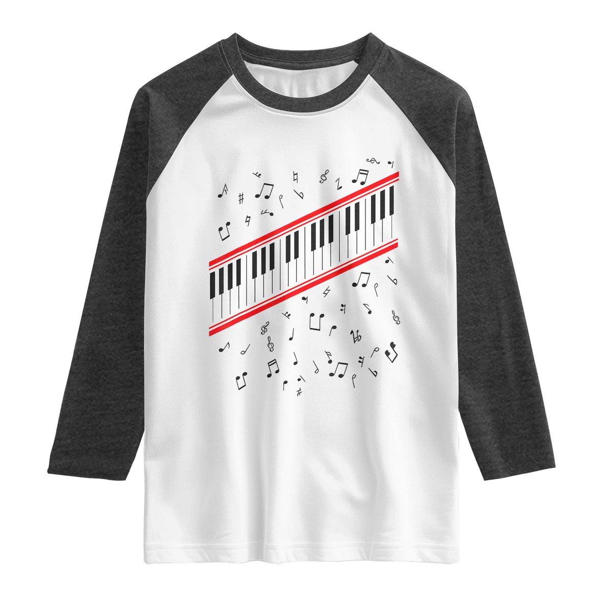 Piano Keyboard Graphic Raglan Shirt Musical Notes Alignment Pianist