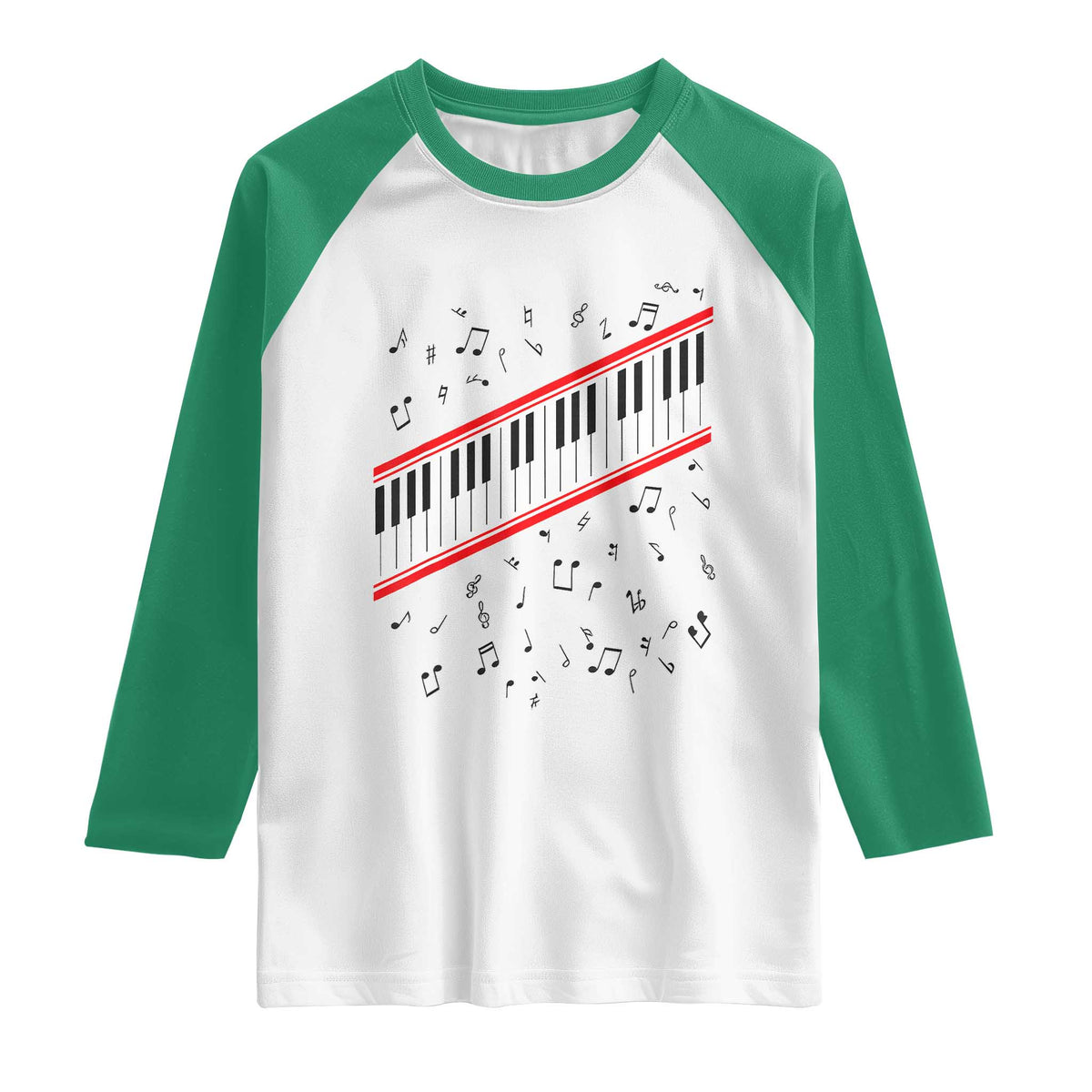 Piano Keyboard Graphic Raglan Shirt Musical Notes Alignment Pianist