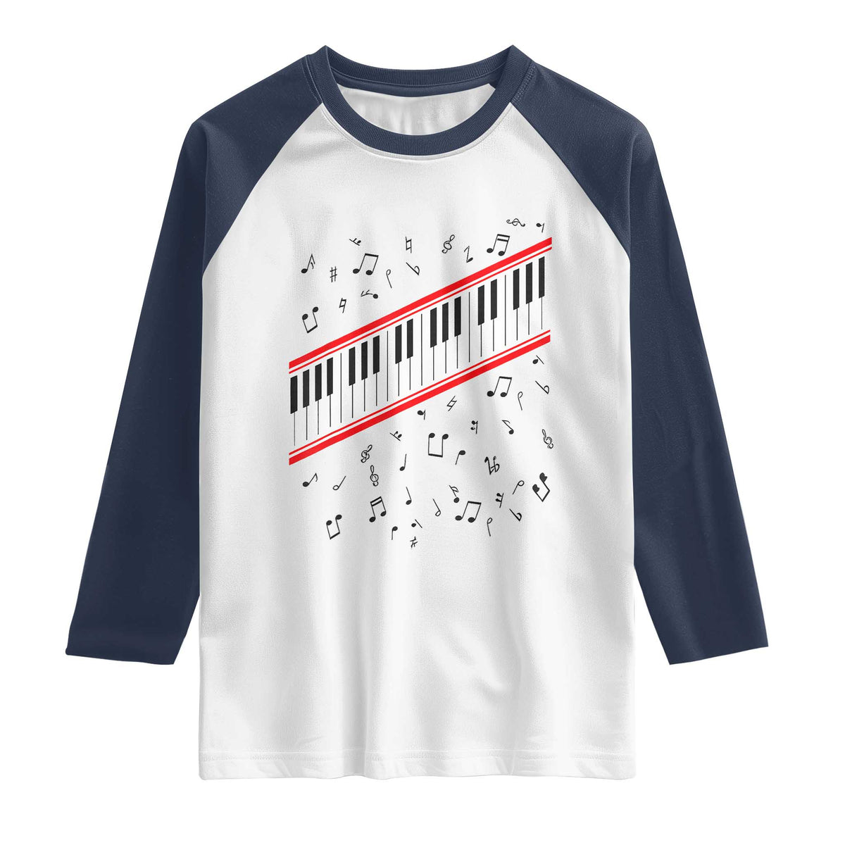 Piano Keyboard Graphic Raglan Shirt Musical Notes Alignment Pianist