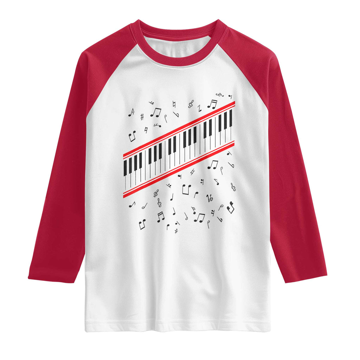 Piano Keyboard Graphic Raglan Shirt Musical Notes Alignment Pianist