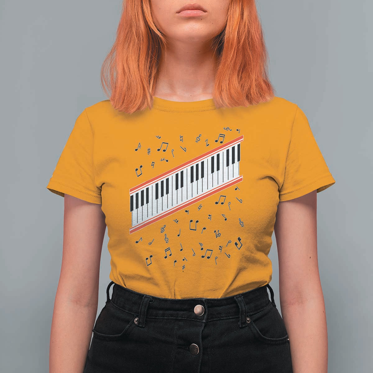 Piano Keyboard Graphic T Shirt For Women Musical Notes Alignment Pianist