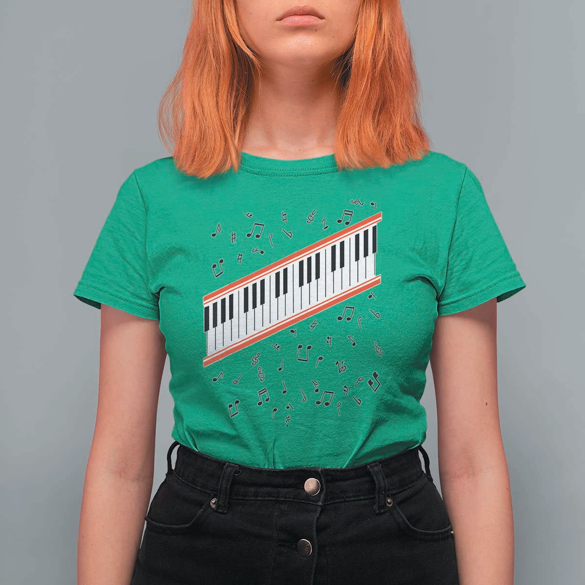 Piano Keyboard Graphic T Shirt For Women Musical Notes Alignment Pianist