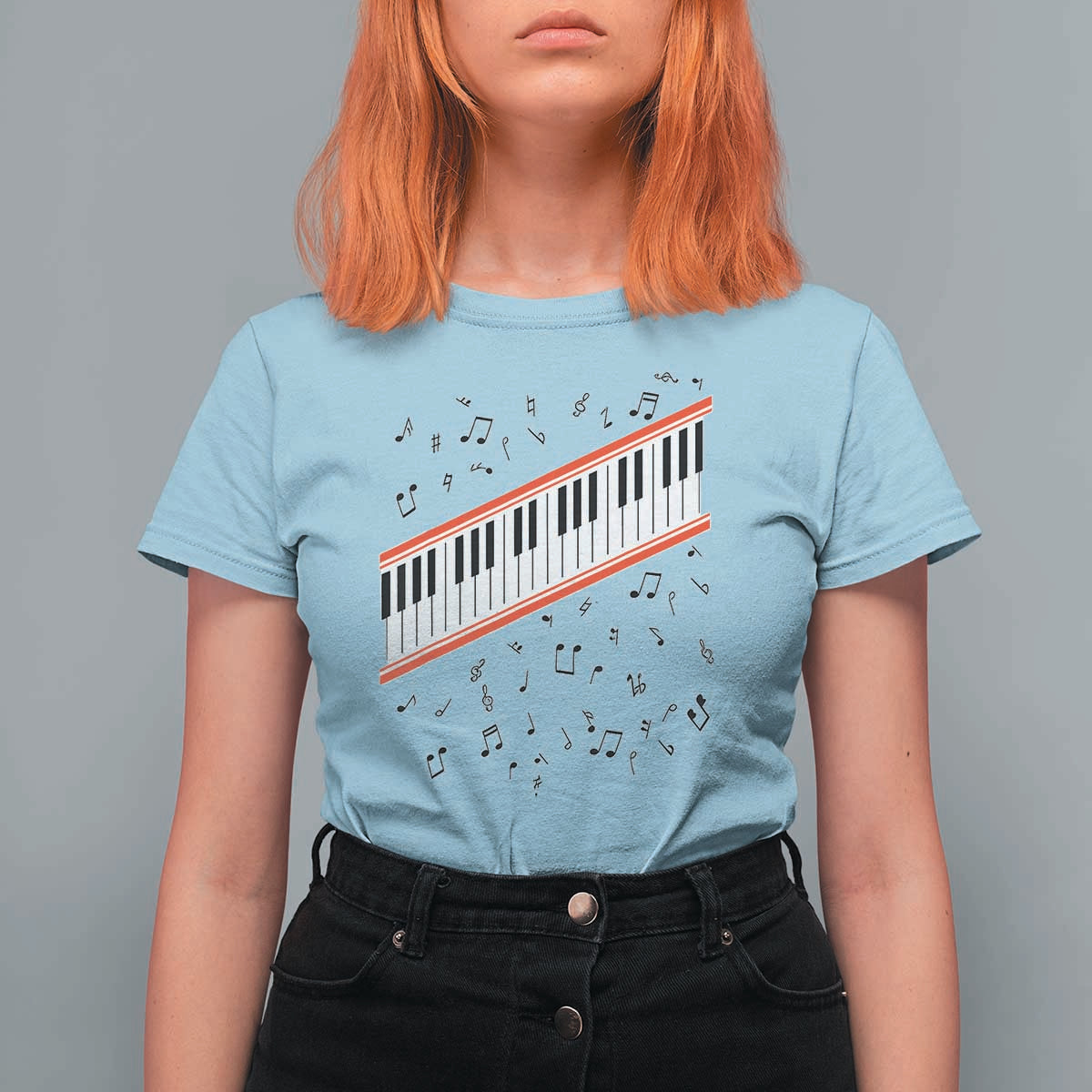 Piano Keyboard Graphic T Shirt For Women Musical Notes Alignment Pianist