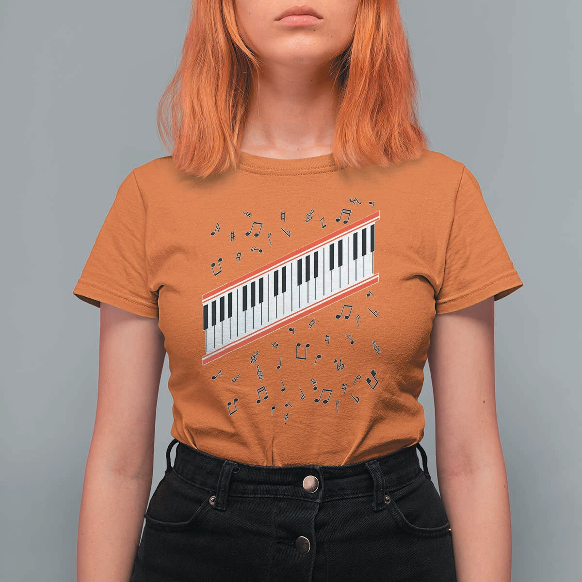 Piano Keyboard Graphic T Shirt For Women Musical Notes Alignment Pianist