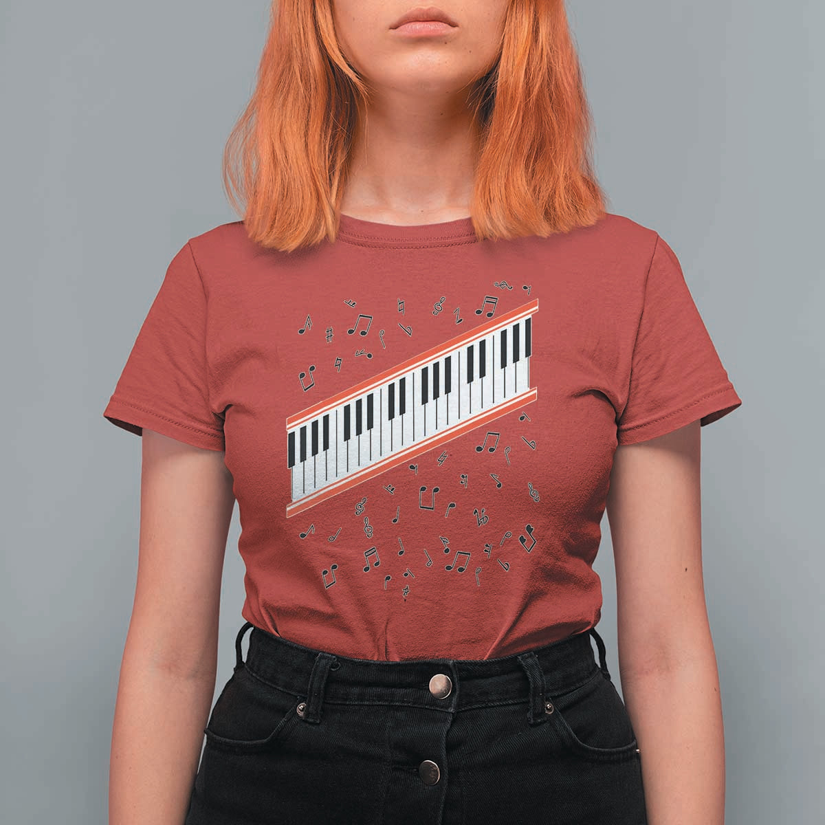 Piano Keyboard Graphic T Shirt For Women Musical Notes Alignment Pianist