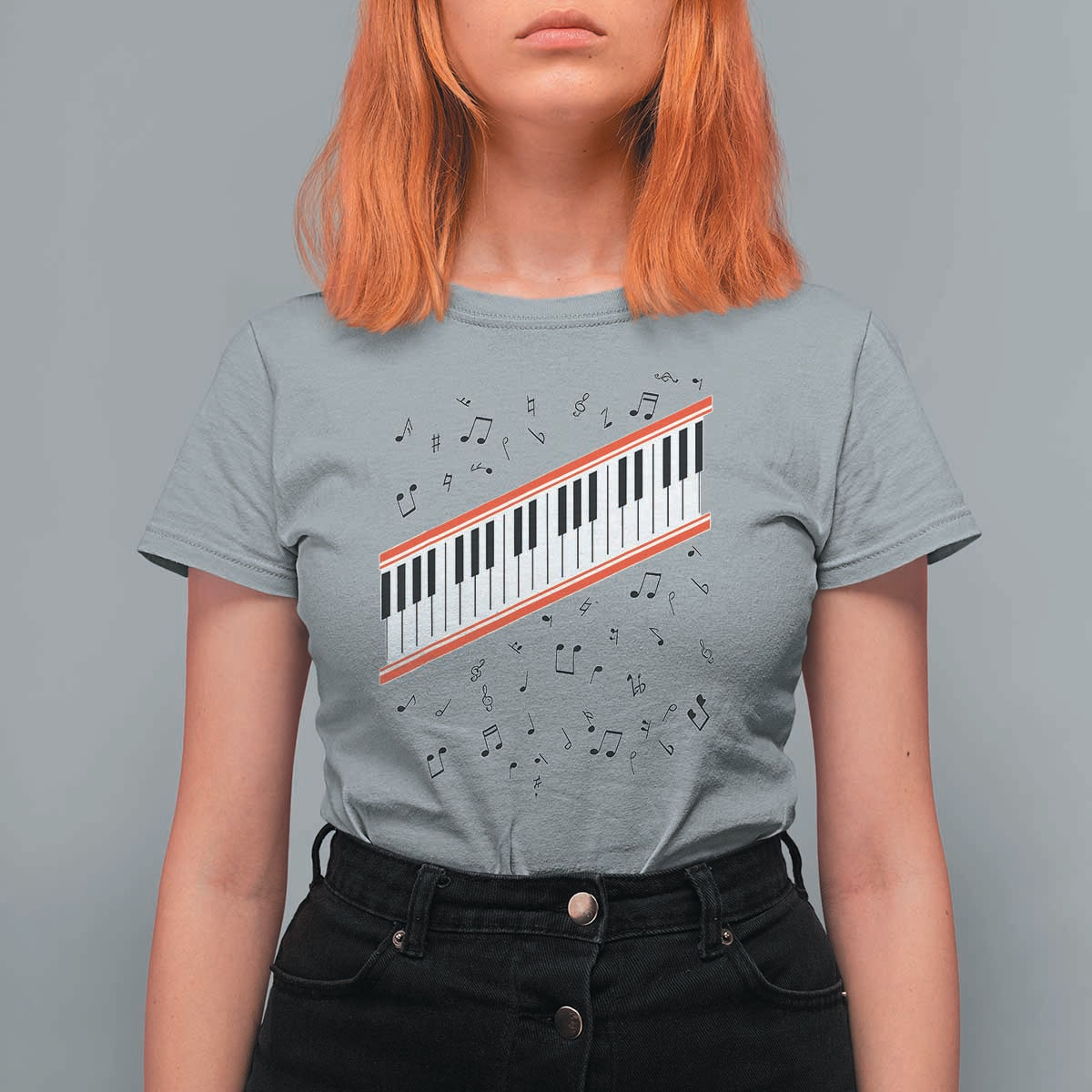 Piano Keyboard Graphic T Shirt For Women Musical Notes Alignment Pianist