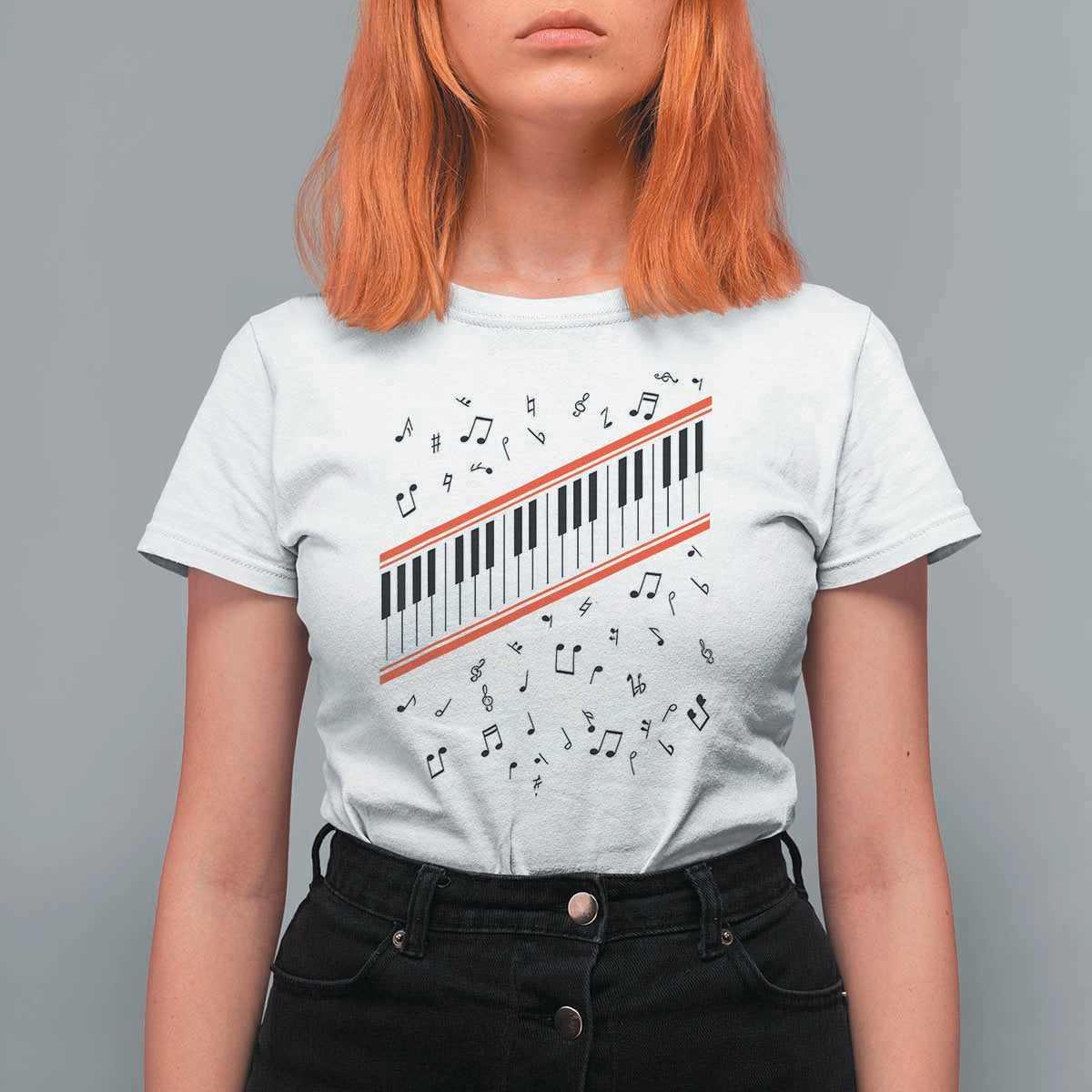Piano Keyboard Graphic T Shirt For Women Musical Notes Alignment Pianist