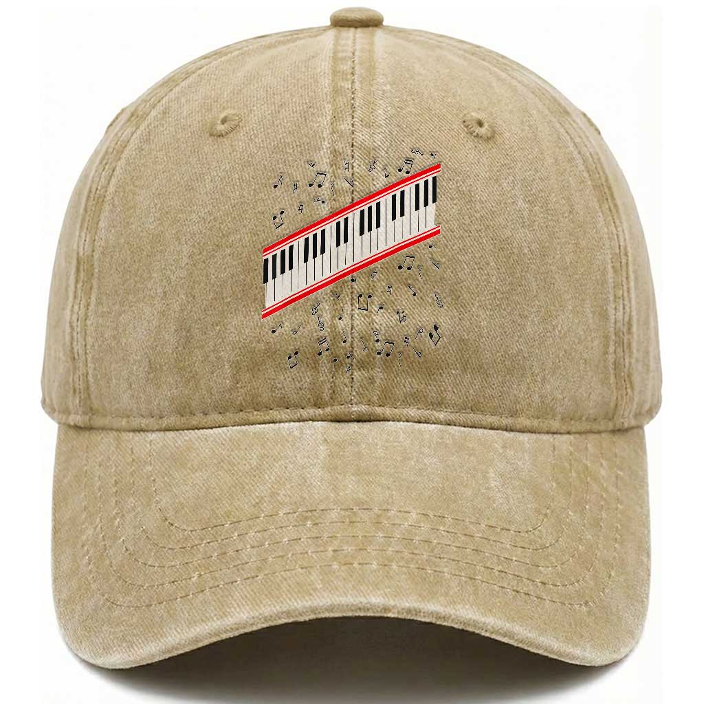Piano Keyboard Graphic Washed Cotton Baseball Cap Musical Notes Alignment Pianist