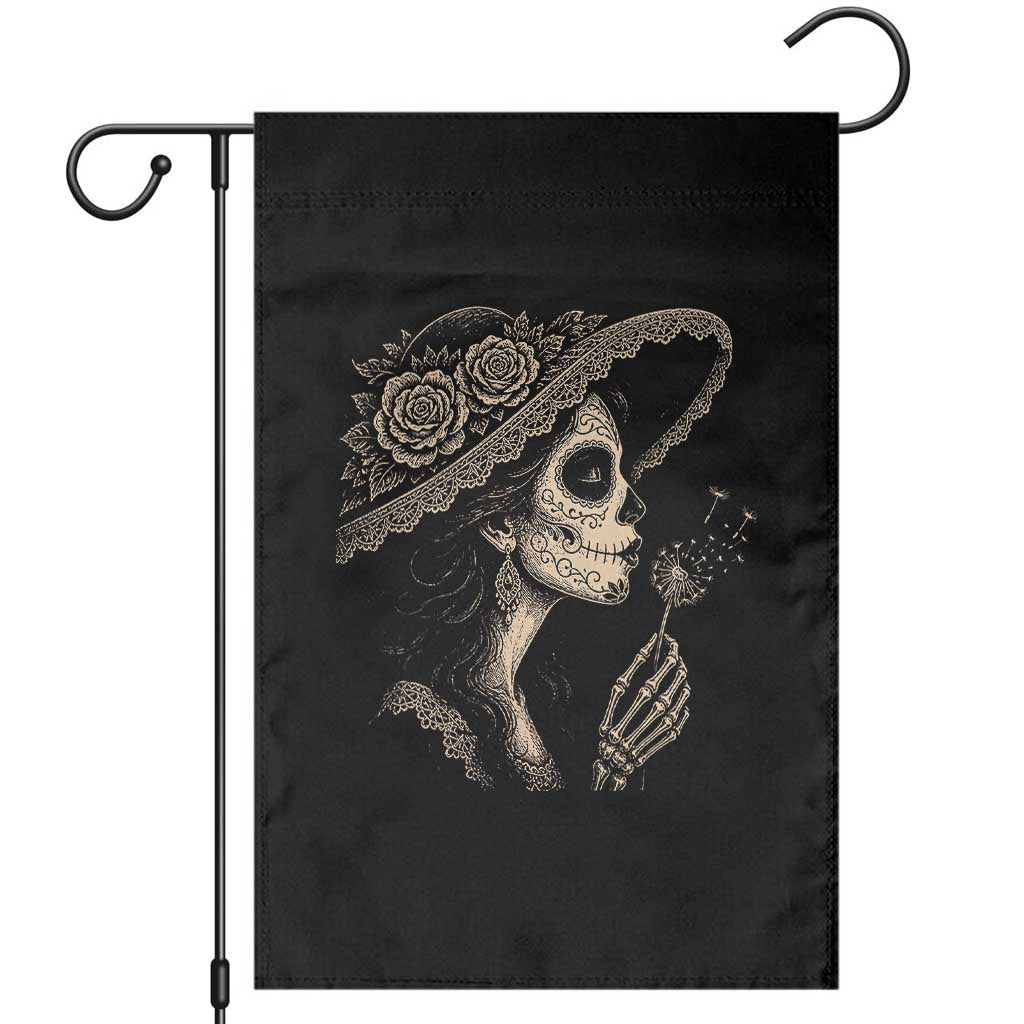 Vintage Dia de los Muertos Catrina Portrait Graphic Garden Flag Gothic Sugar Skull Woman Blowing Dandelion
