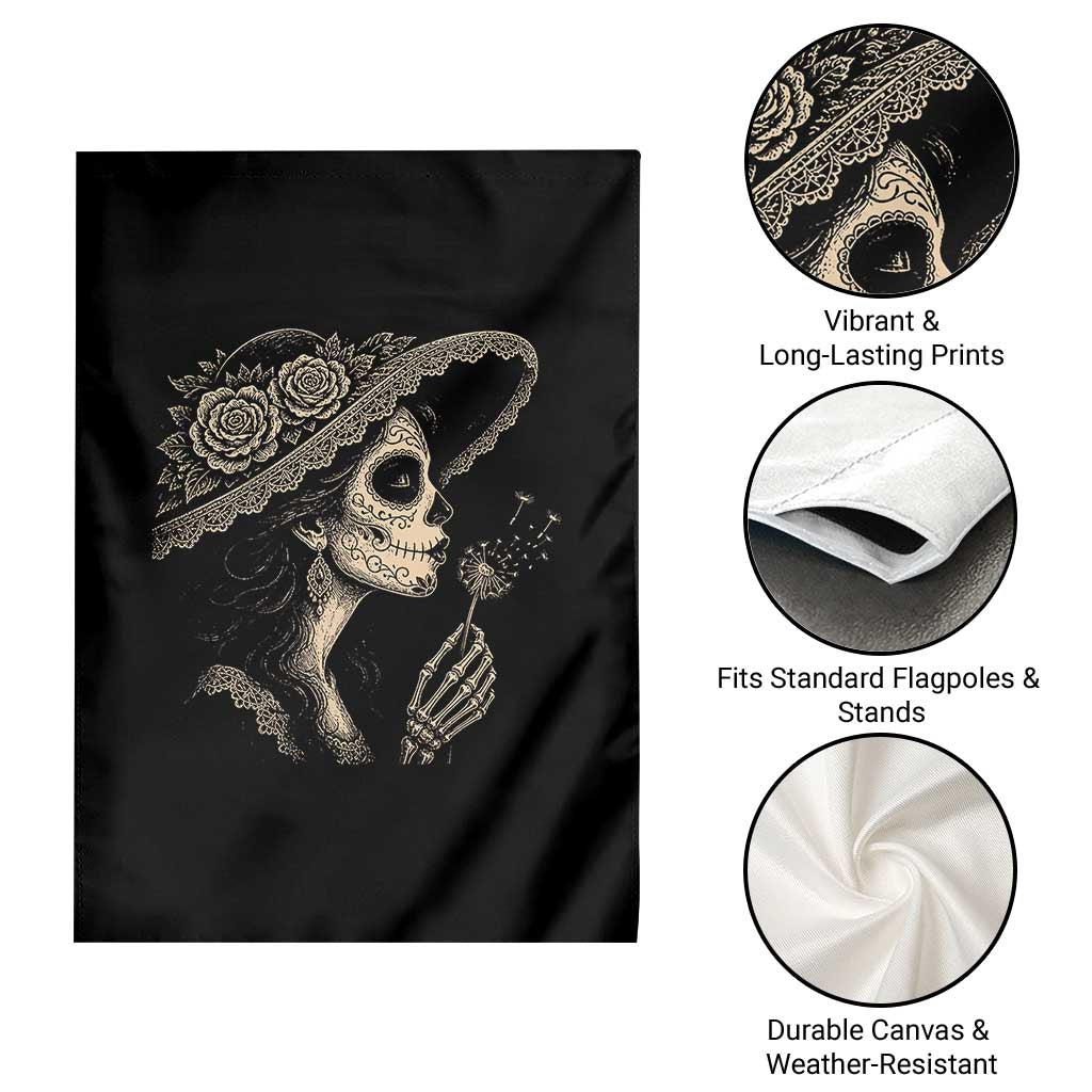 Vintage Dia de los Muertos Catrina Portrait Graphic Garden Flag Gothic Sugar Skull Woman Blowing Dandelion