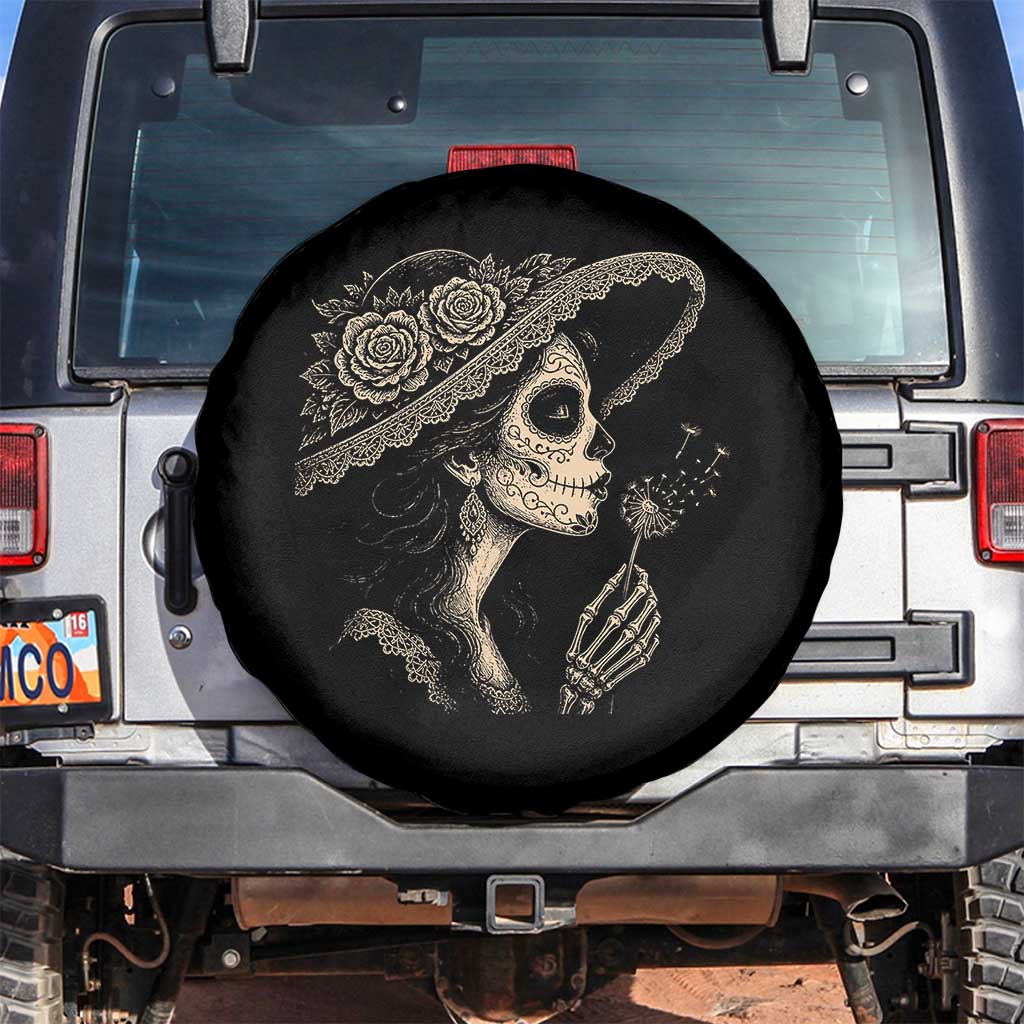 Vintage Dia de los Muertos Catrina Portrait Graphic Spare Tire Cover Gothic Sugar Skull Woman Blowing Dandelion