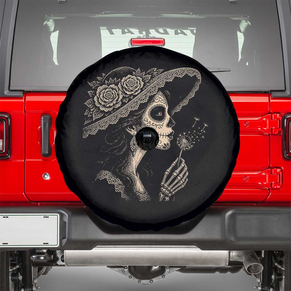 Vintage Dia de los Muertos Catrina Portrait Graphic Spare Tire Cover Gothic Sugar Skull Woman Blowing Dandelion