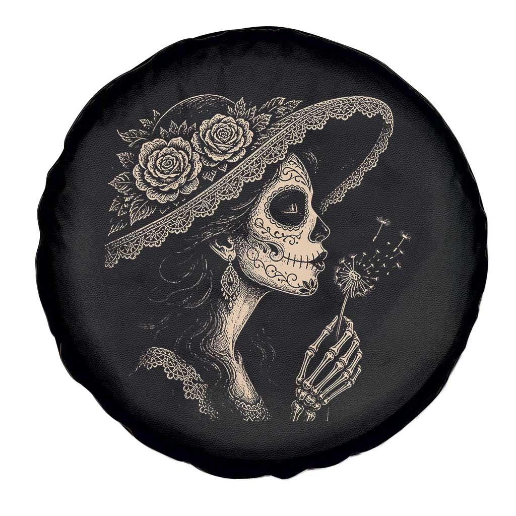 Vintage Dia de los Muertos Catrina Portrait Graphic Spare Tire Cover Gothic Sugar Skull Woman Blowing Dandelion