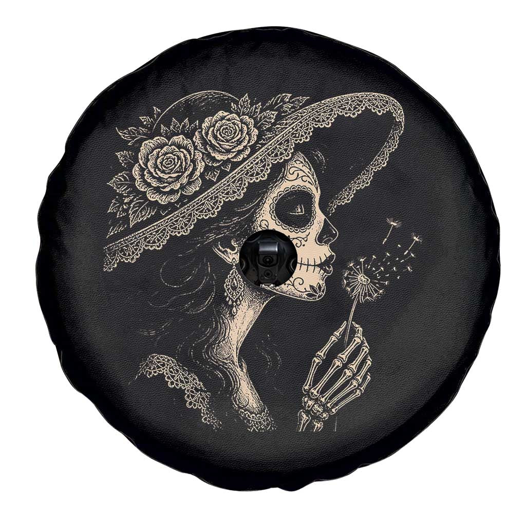 Vintage Dia de los Muertos Catrina Portrait Graphic Spare Tire Cover Gothic Sugar Skull Woman Blowing Dandelion