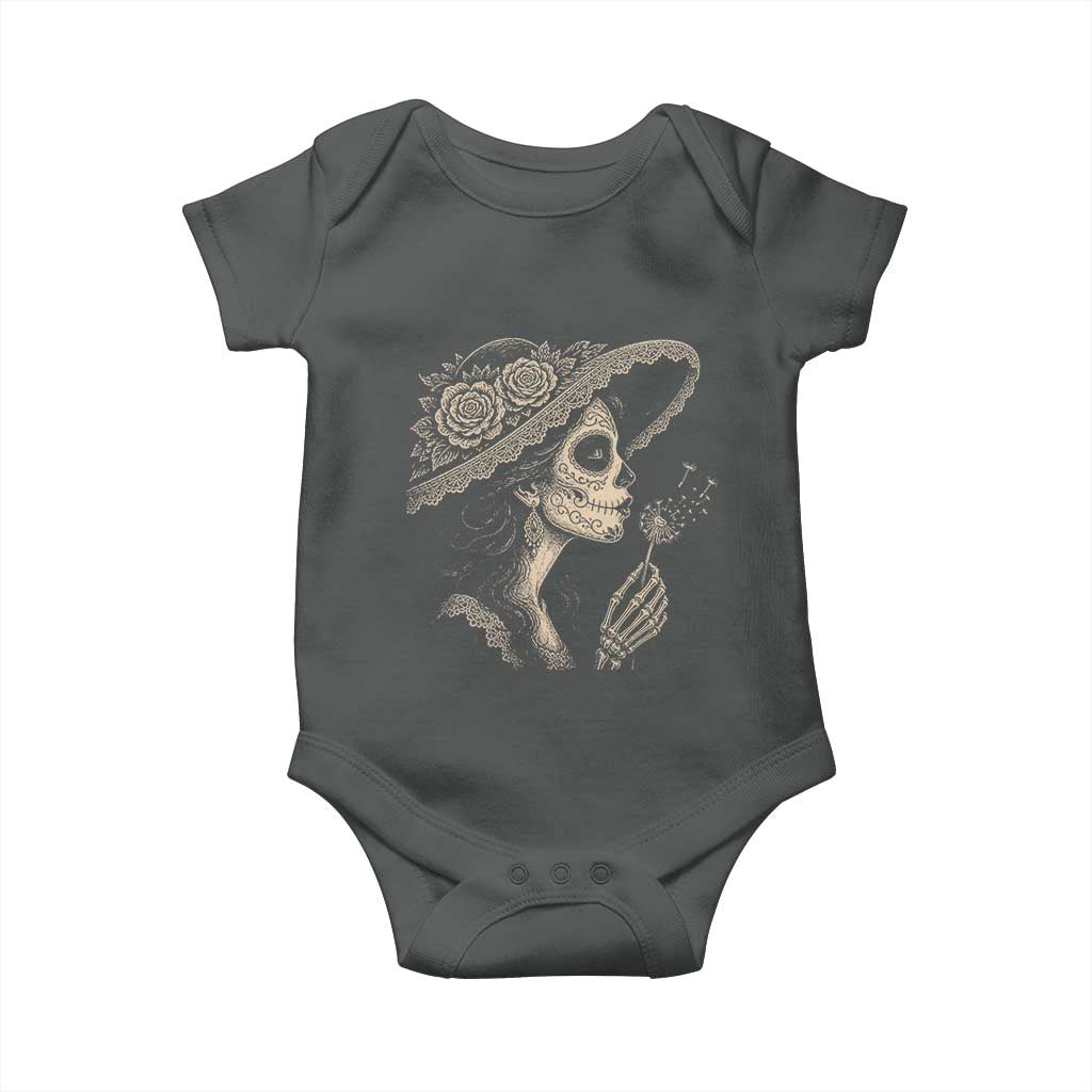 Vintage Dia de los Muertos Catrina Portrait Graphic Baby Onesie Gothic Sugar Skull Woman Blowing Dandelion