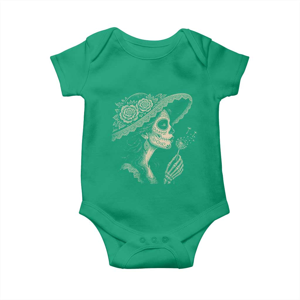 Vintage Dia de los Muertos Catrina Portrait Graphic Baby Onesie Gothic Sugar Skull Woman Blowing Dandelion