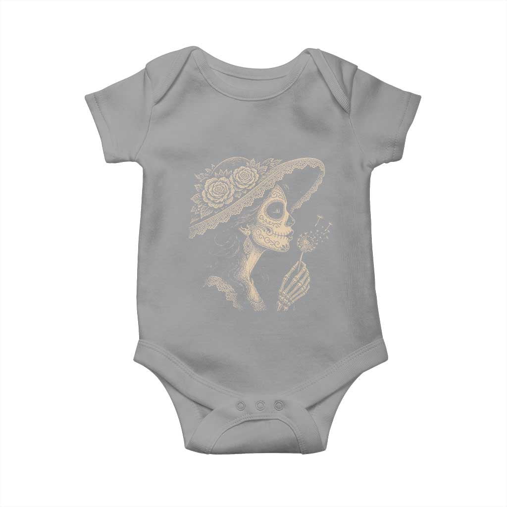 Vintage Dia de los Muertos Catrina Portrait Graphic Baby Onesie Gothic Sugar Skull Woman Blowing Dandelion