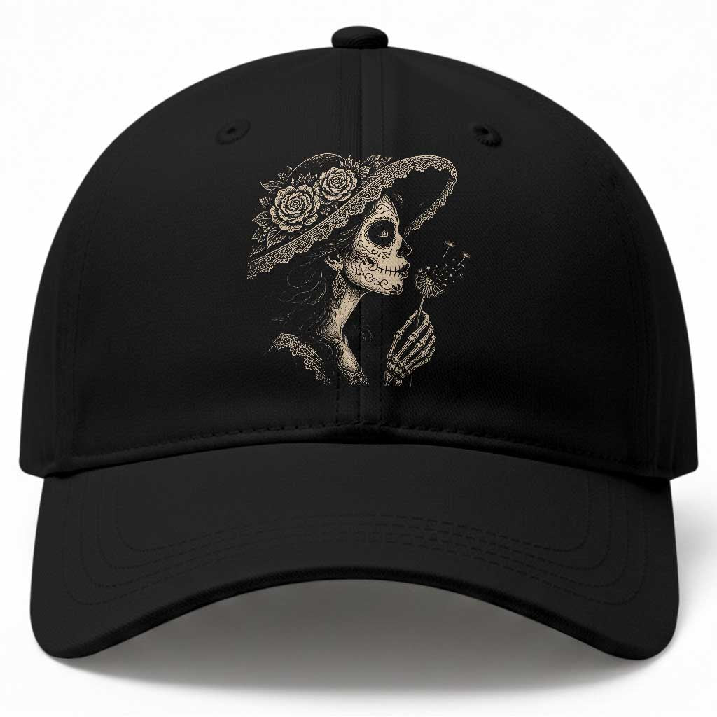 Vintage Dia de los Muertos Catrina Portrait Graphic Baseball Cap Gothic Sugar Skull Woman Blowing Dandelion