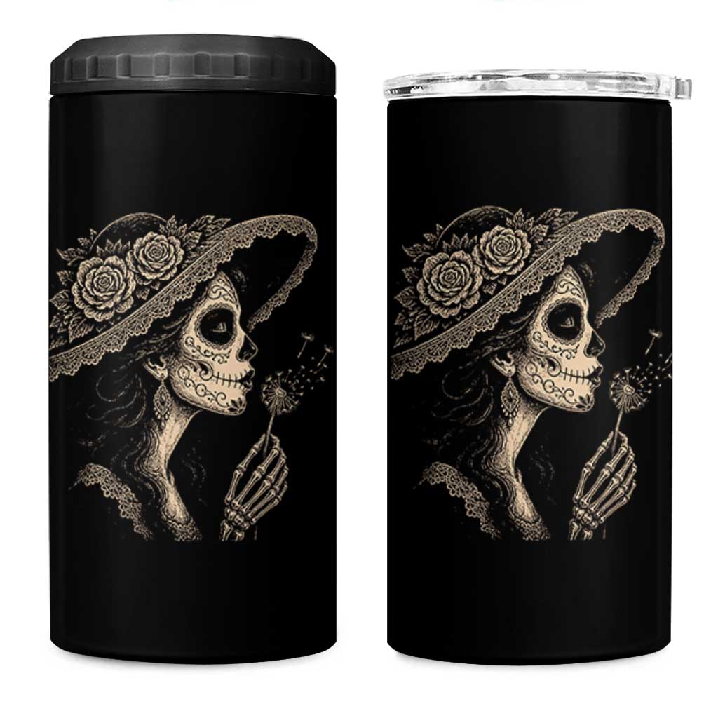 Vintage Dia de los Muertos Catrina Portrait Graphic 4 in 1 Can Cooler Tumbler Gothic Sugar Skull Woman Blowing Dandelion