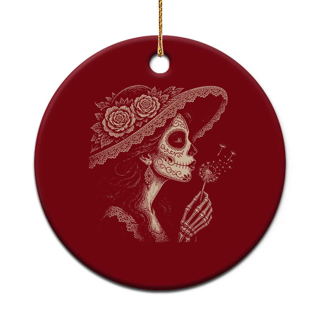 Vintage Dia de los Muertos Catrina Portrait Graphic Ceramic Ornament Gothic Sugar Skull Woman Blowing Dandelion