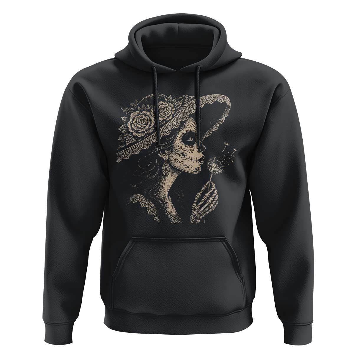 Vintage Dia de los Muertos Catrina Portrait Graphic Hoodie Gothic Sugar Skull Woman Blowing Dandelion