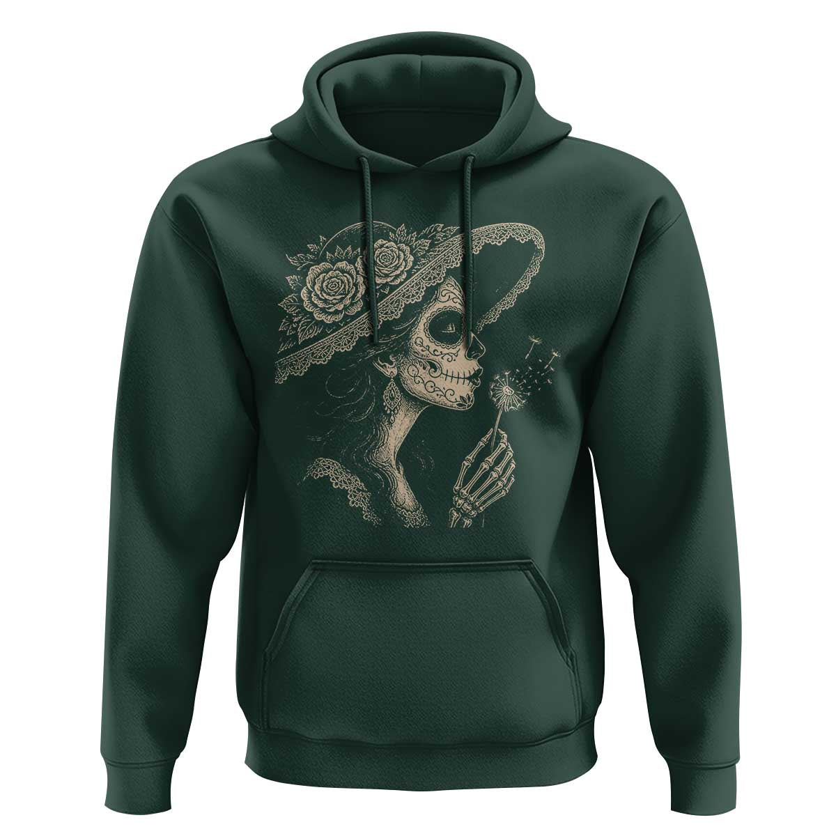 Vintage Dia de los Muertos Catrina Portrait Graphic Hoodie Gothic Sugar Skull Woman Blowing Dandelion
