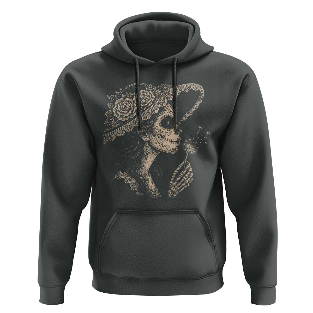 Vintage Dia de los Muertos Catrina Portrait Graphic Hoodie Gothic Sugar Skull Woman Blowing Dandelion