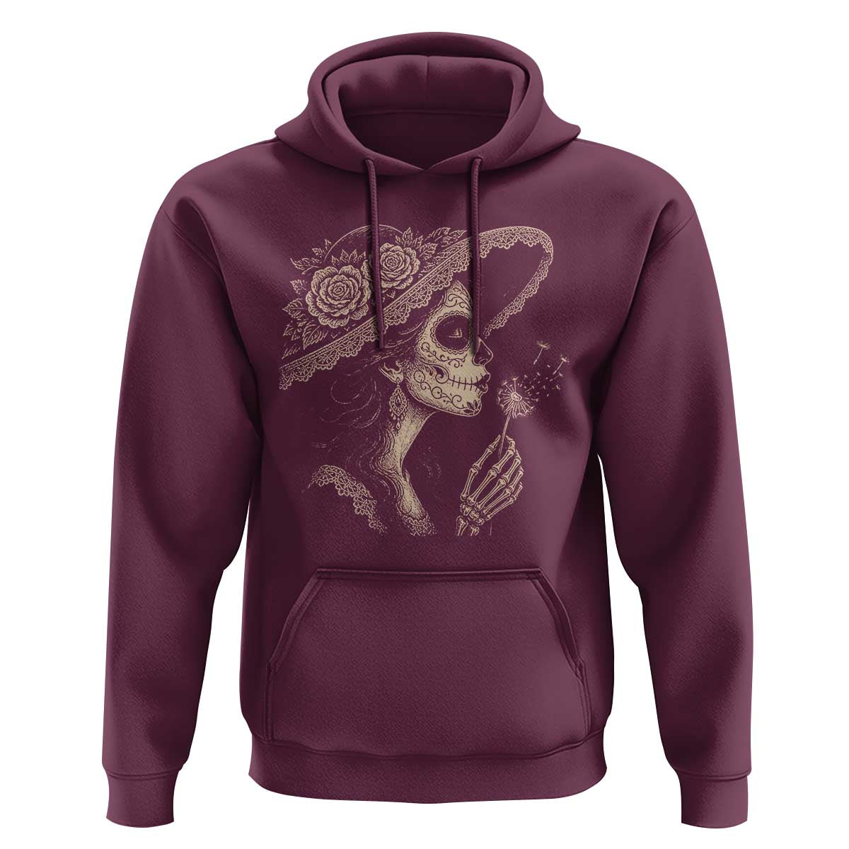 Vintage Dia de los Muertos Catrina Portrait Graphic Hoodie Gothic Sugar Skull Woman Blowing Dandelion