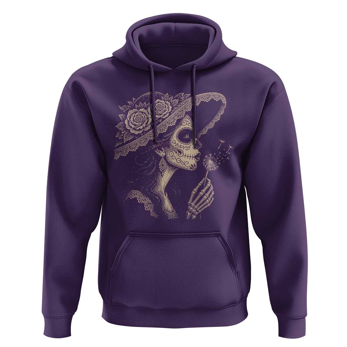 Vintage Dia de los Muertos Catrina Portrait Graphic Hoodie Gothic Sugar Skull Woman Blowing Dandelion