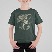 Vintage Dia de los Muertos Catrina Portrait Graphic T Shirt For Kid Gothic Sugar Skull Woman Blowing Dandelion