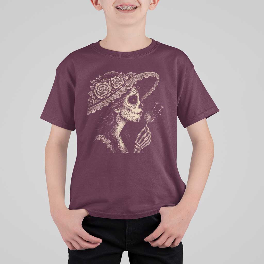 Vintage Dia de los Muertos Catrina Portrait Graphic T Shirt For Kid Gothic Sugar Skull Woman Blowing Dandelion