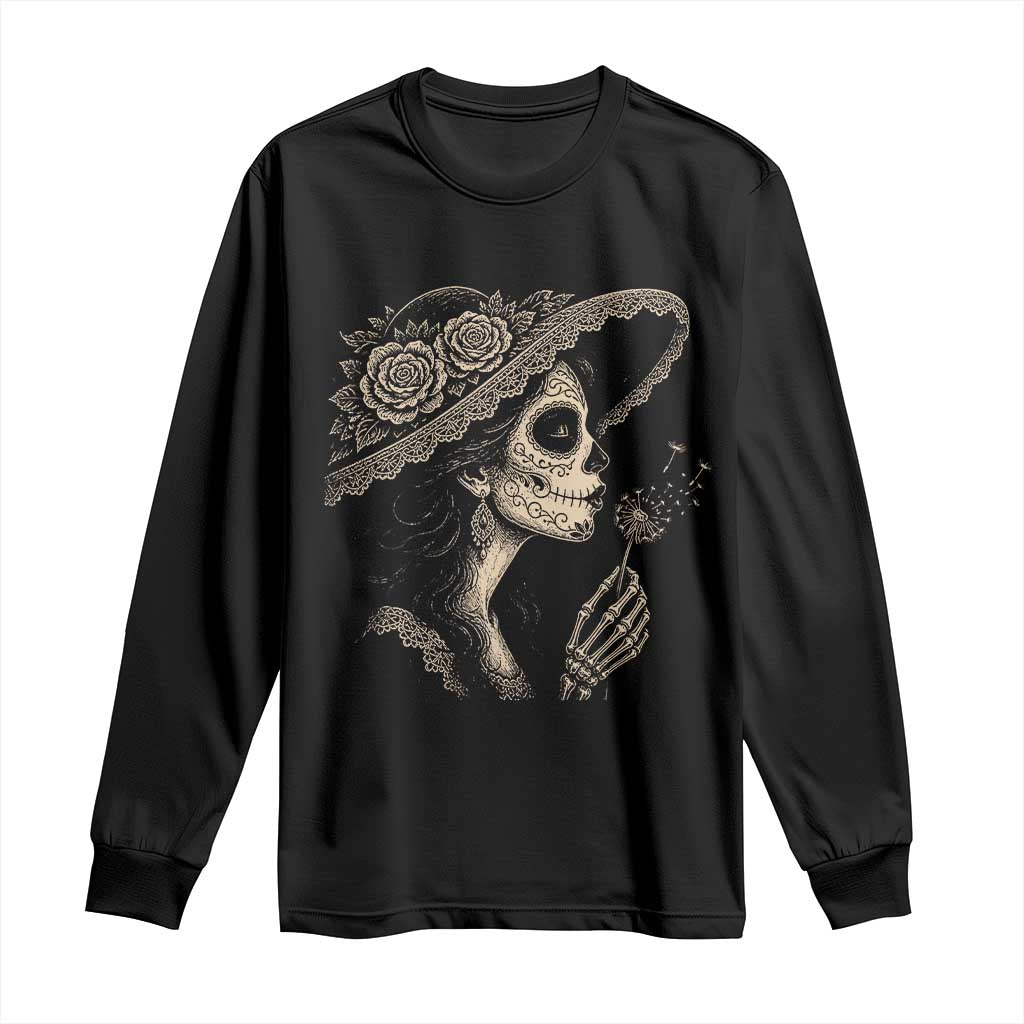 Vintage Dia de los Muertos Catrina Portrait Graphic Long Sleeve Shirt Gothic Sugar Skull Woman Blowing Dandelion