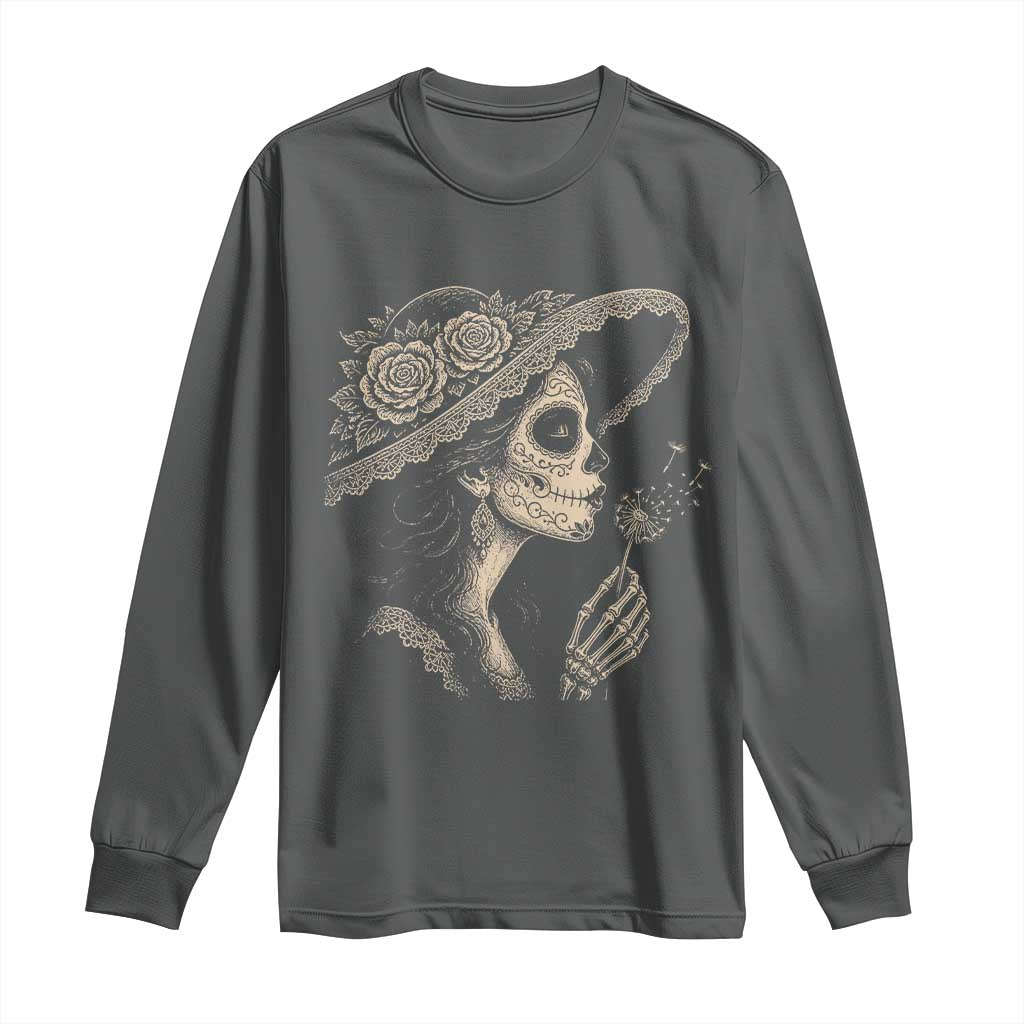 Vintage Dia de los Muertos Catrina Portrait Graphic Long Sleeve Shirt Gothic Sugar Skull Woman Blowing Dandelion